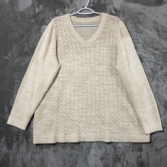 Women Cable Knit V-Neck Sweater Size 1X Beige Cozy Boho - Picture 1 of 9
